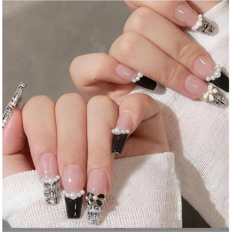 24-Piece Long Square Press-On Nails - Black and White CC Nail Art