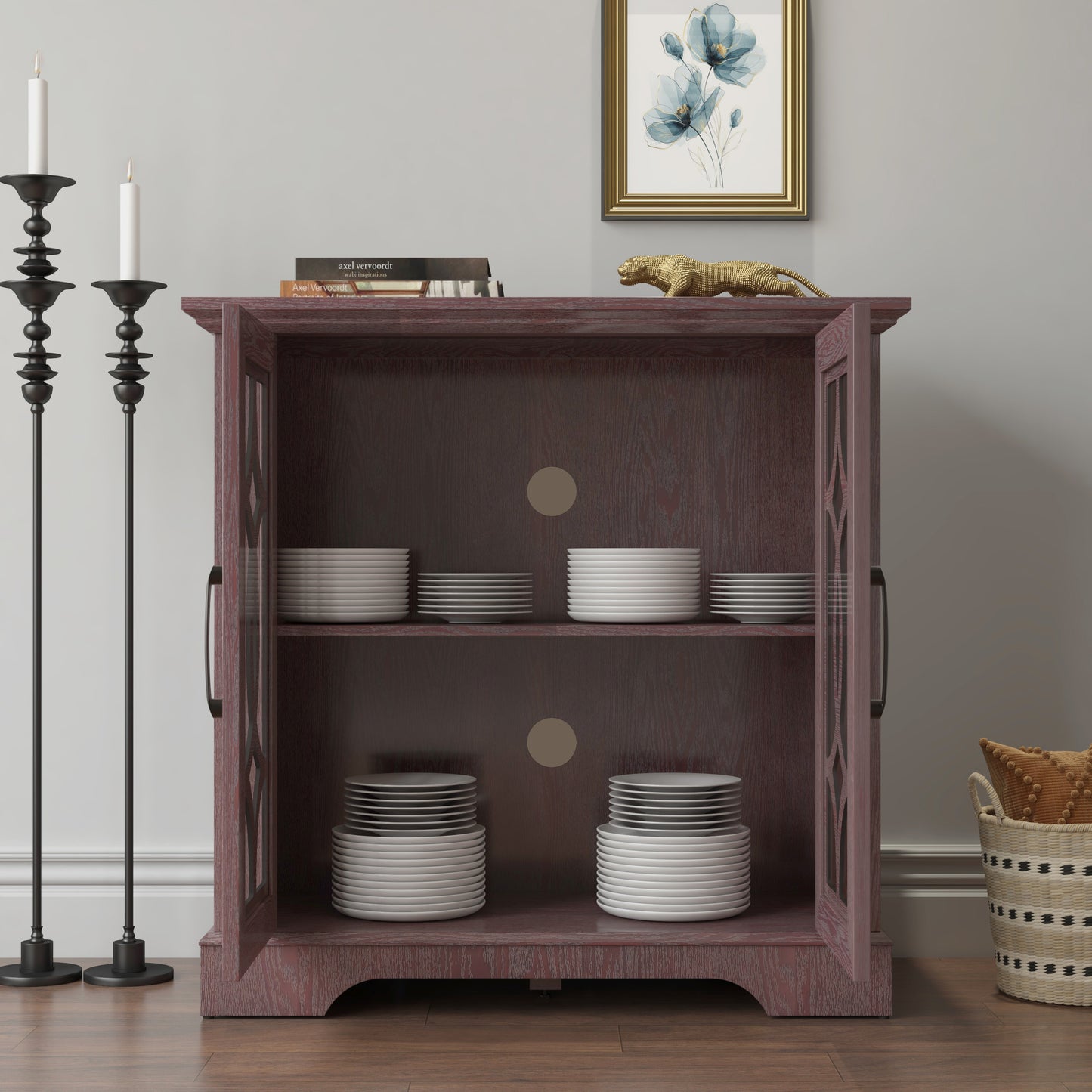 34.37 X 15.55 34.06in Spacious Size Sideboard 2 Clear Tempered Glass