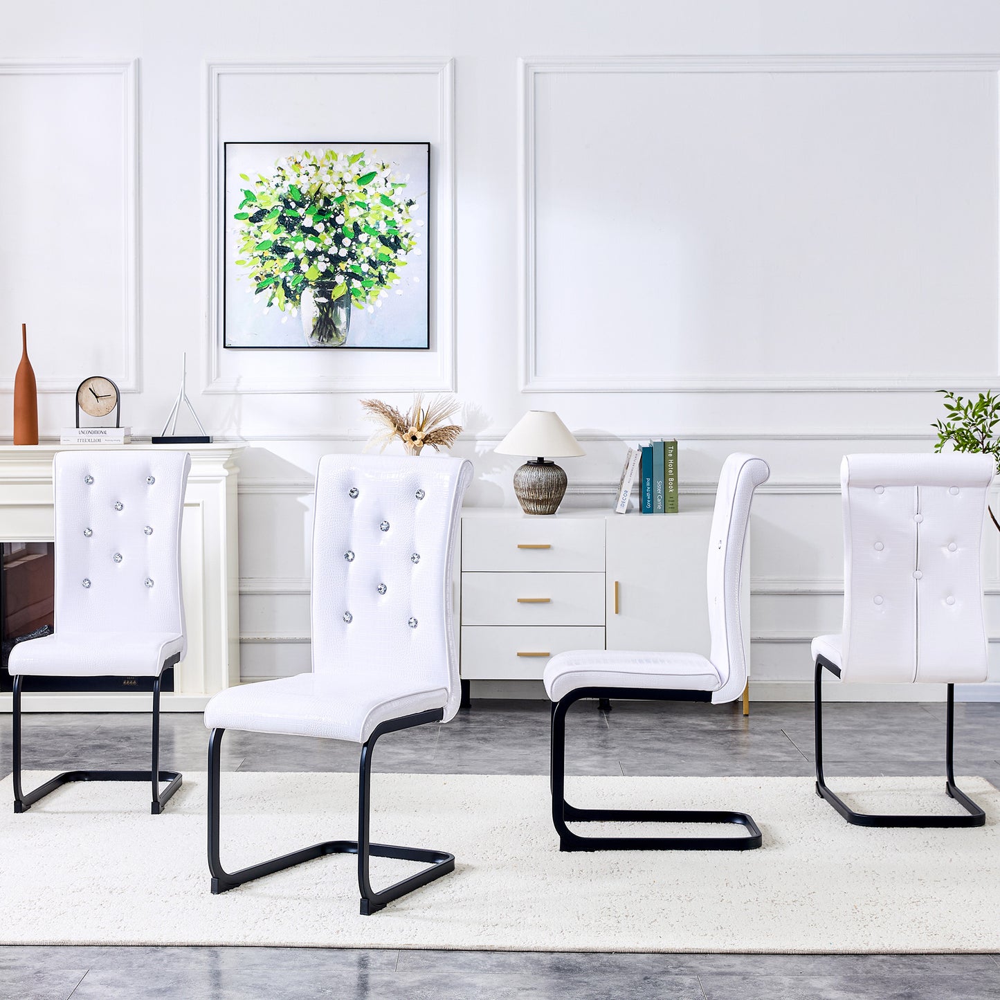 Set Of 4,Retro Alligator Skin Upholstered Dining Chairs,with Crystal