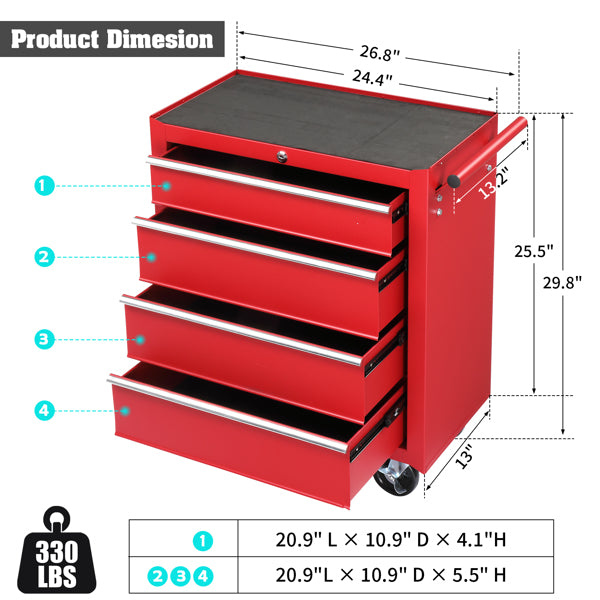 Steel Maintenance Tool Cart with 4 Drawers, Red Garden Tool Storage Cabinet