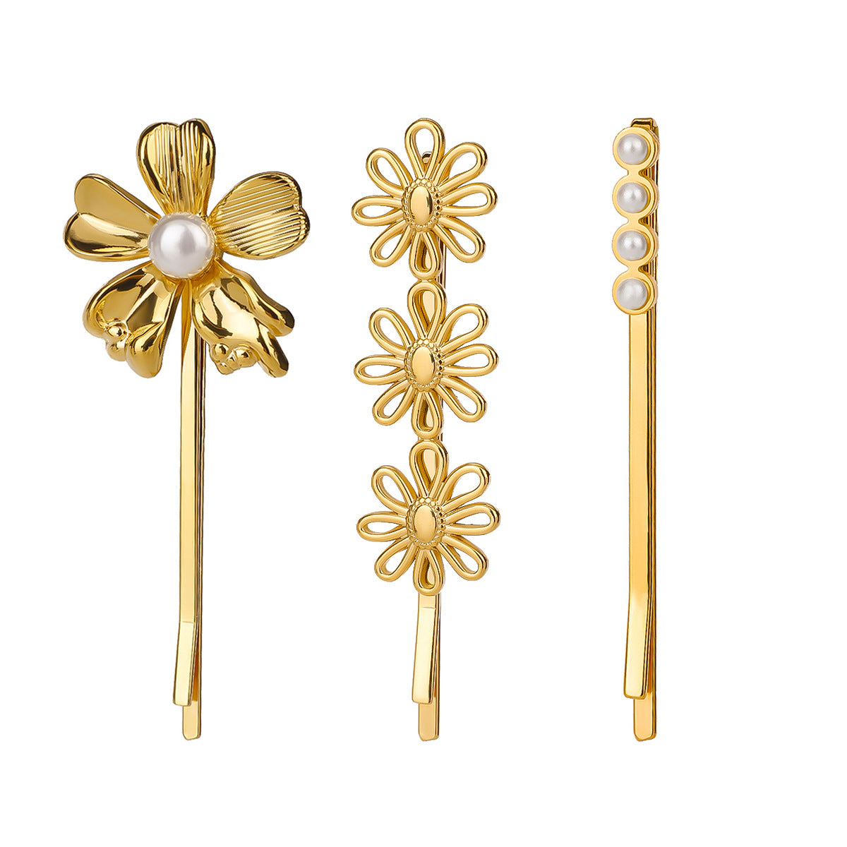 Women's Titanium Steel Barrettes - Pearl Flower Design, 3 Piece Set