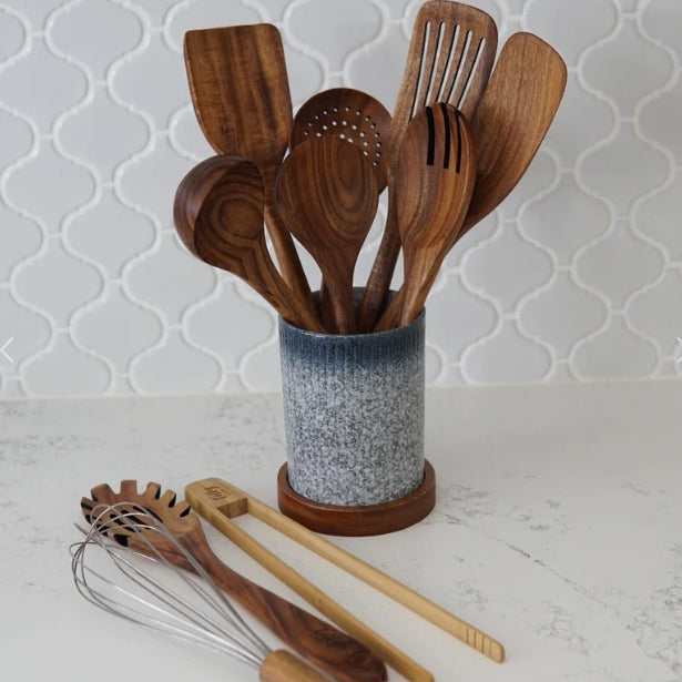 Wooden Kitchen Spatula Set - Long Handle Teak Turners, 10 Pieces