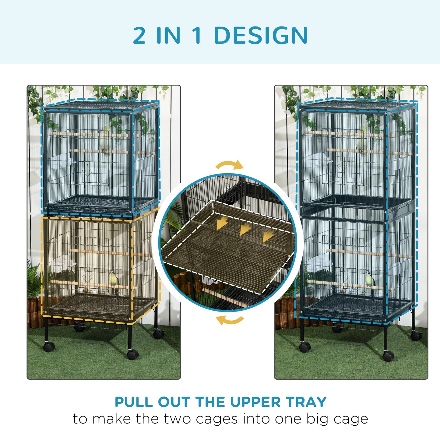 55-Inch Double Bird Cage Aviary with Wheels for Finches & Parakeets, Black