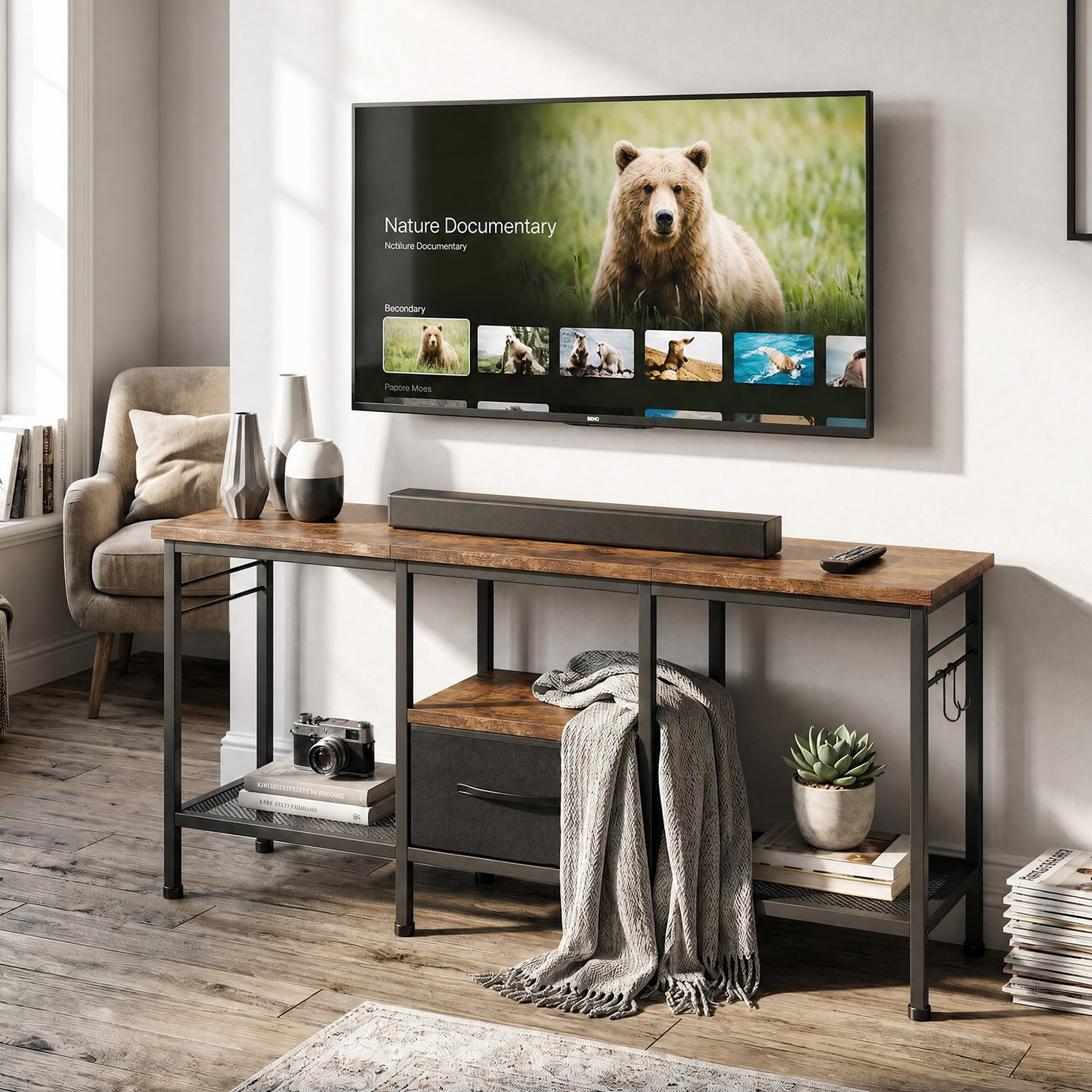 Industrial Style TV Stand with Fabric Drawer & Open Shelves