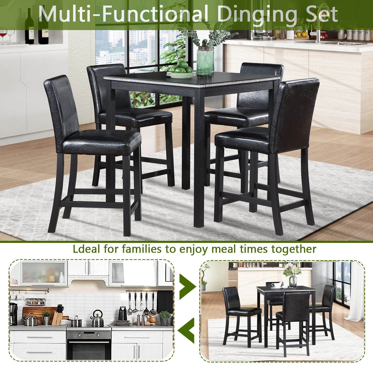 5-Piece Counter Height Dining Table Set with Upholstered Chairs