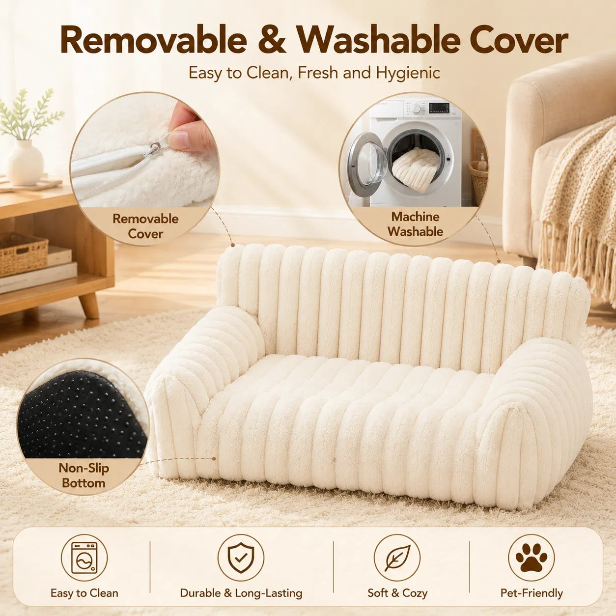 Pet Sofa Bed with Removable Washable Cover for Small Cats & Dogs - Fluffy, Supportive Couch