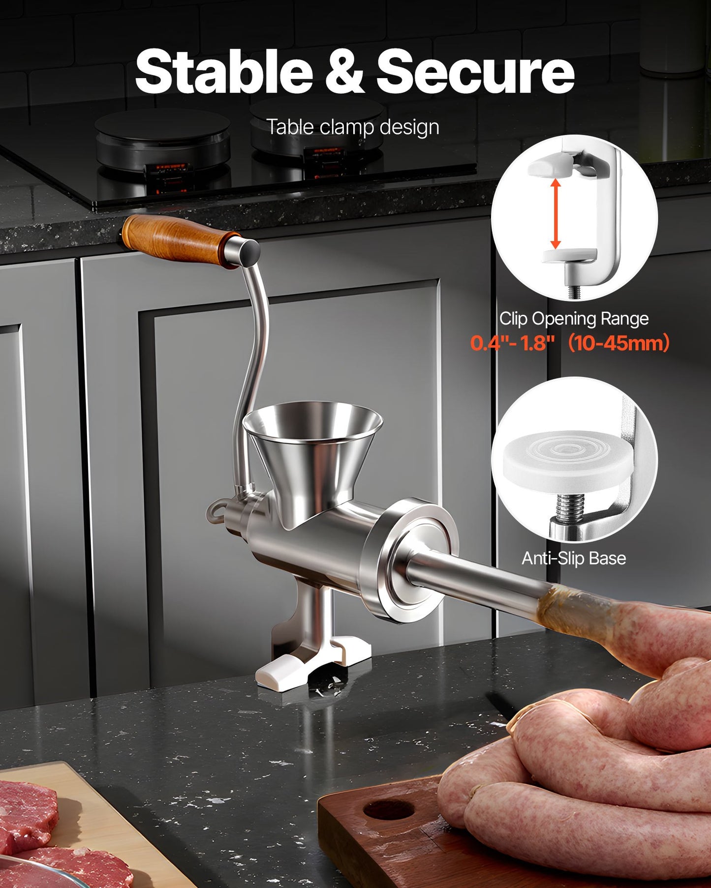 Manual Meat Grinder with Sausage Stuffer - 304 Stainless Steel