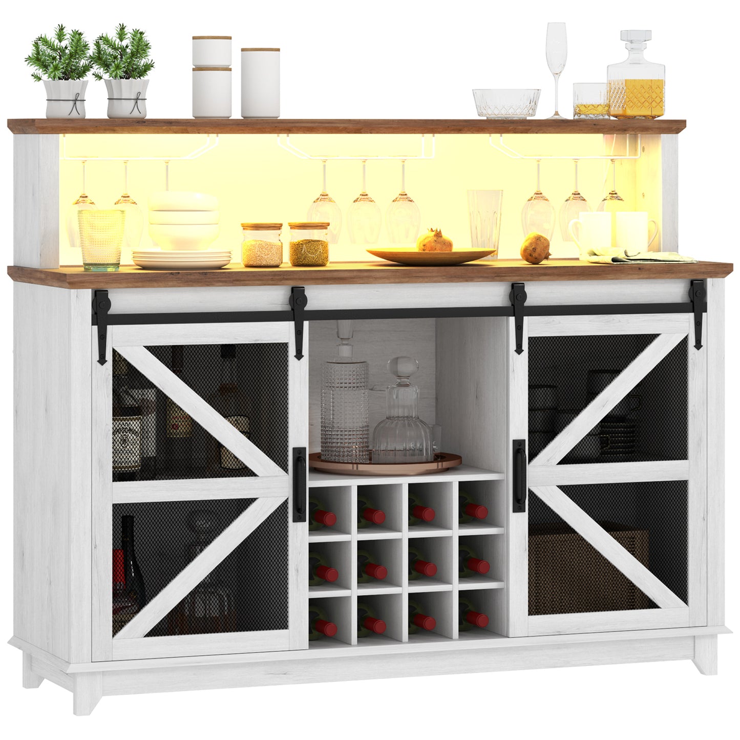 55" Farmhouse Coffee Bar Cabinet with LED Lights - Distressed White