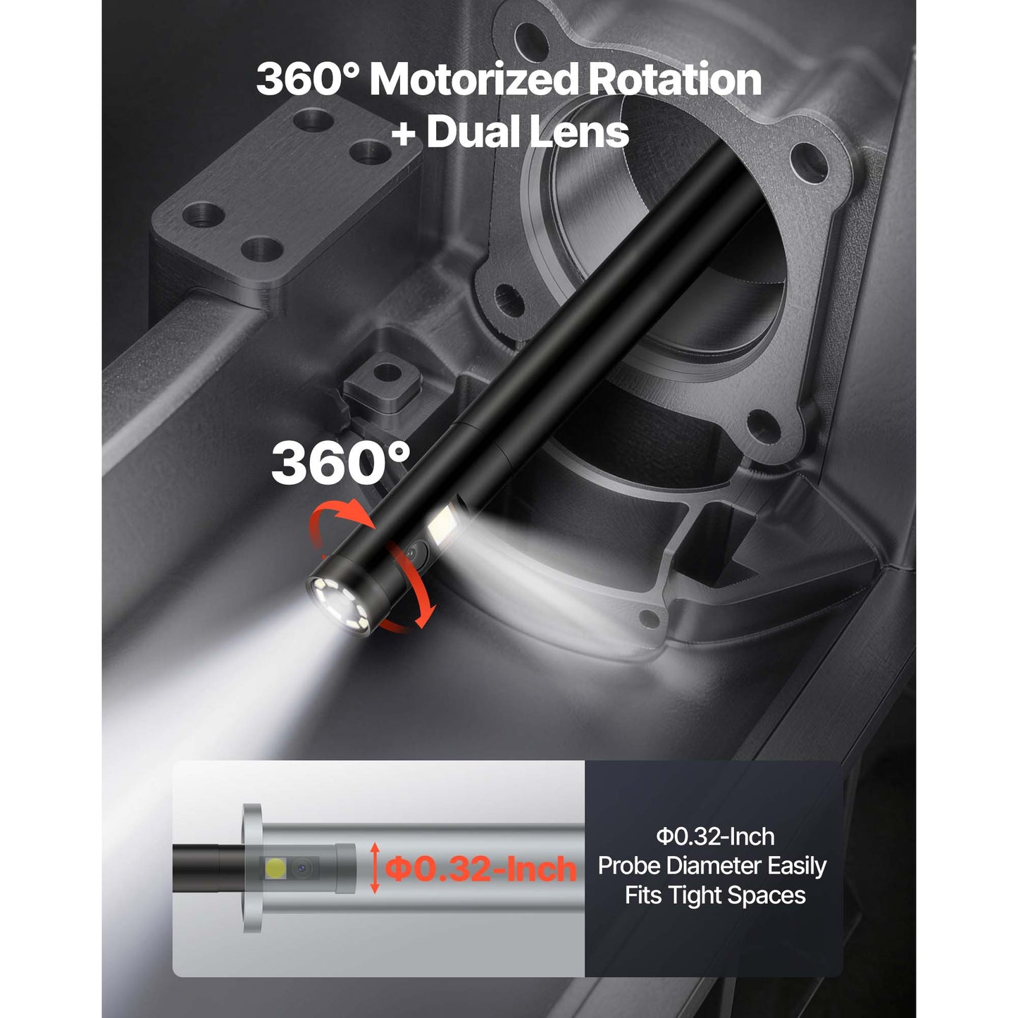 Industrial Endoscope Camera with Light - 360° Coverage, 1080P HD Rigid Snake Scope for Wall and Automotive Inspection - 16.4FT