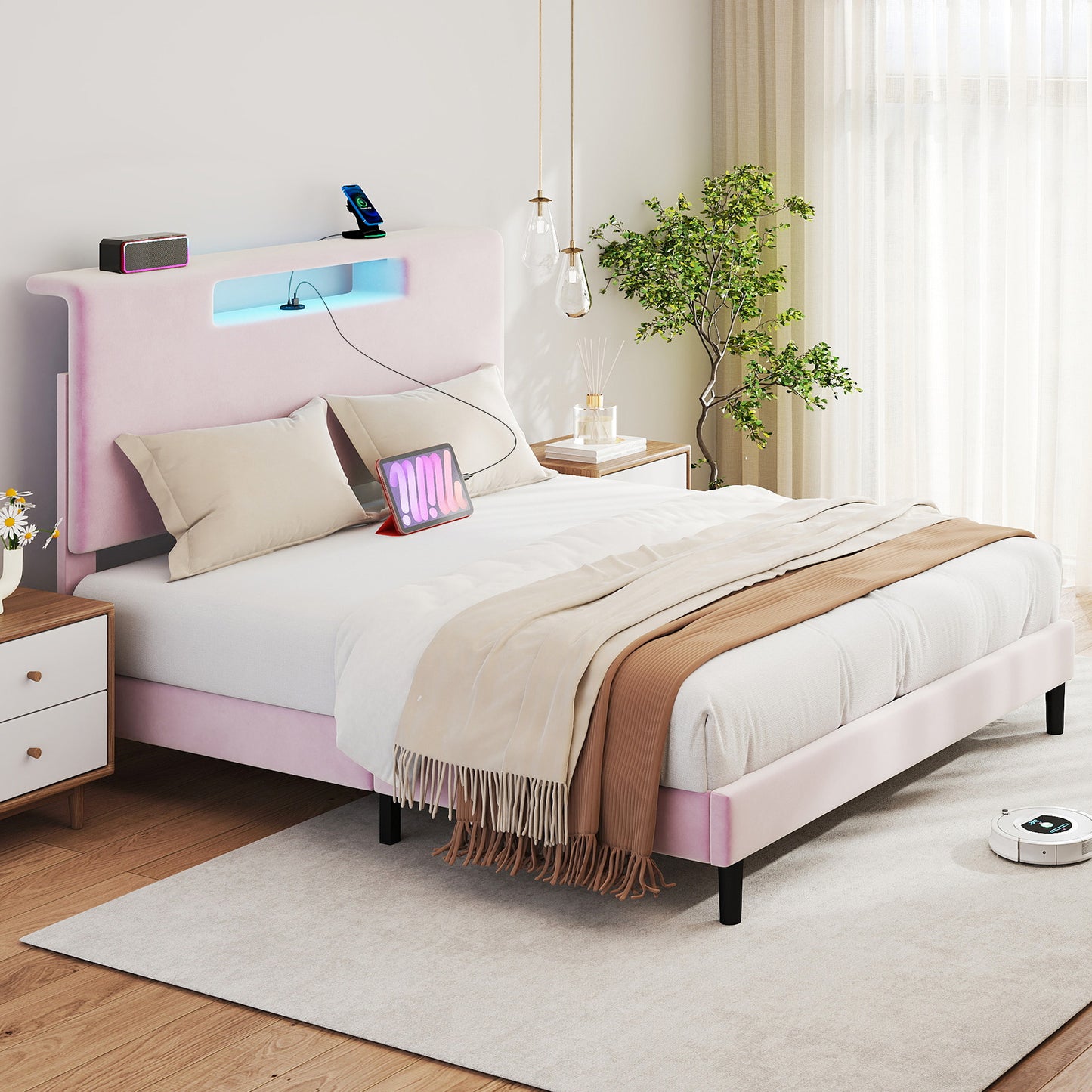 Queen Size Upholstered Bed Frame With High Headboard Adjustable LED