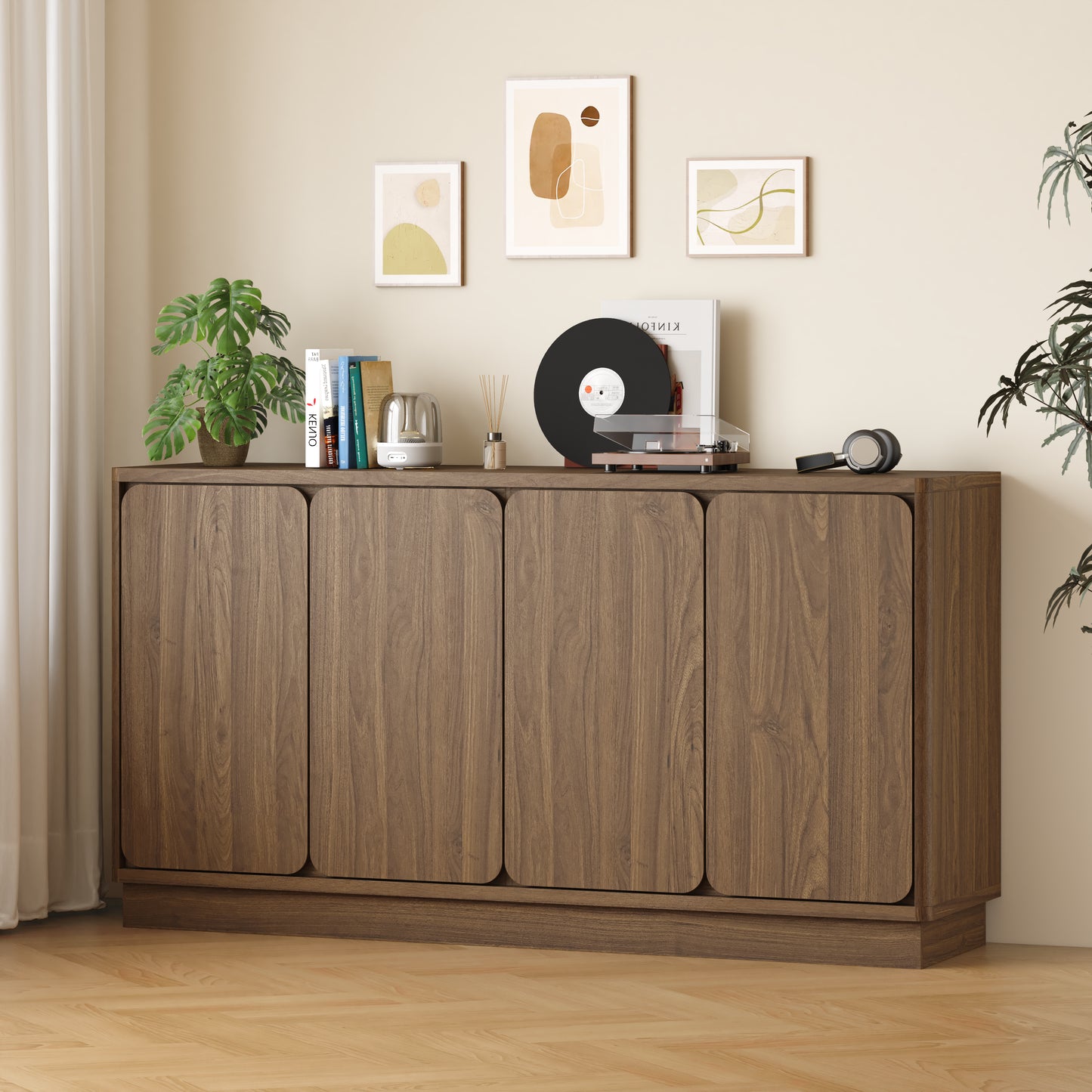 59.1" Walnut 4-Door Sideboard Buffet Cabinet with Adjustable Shelves