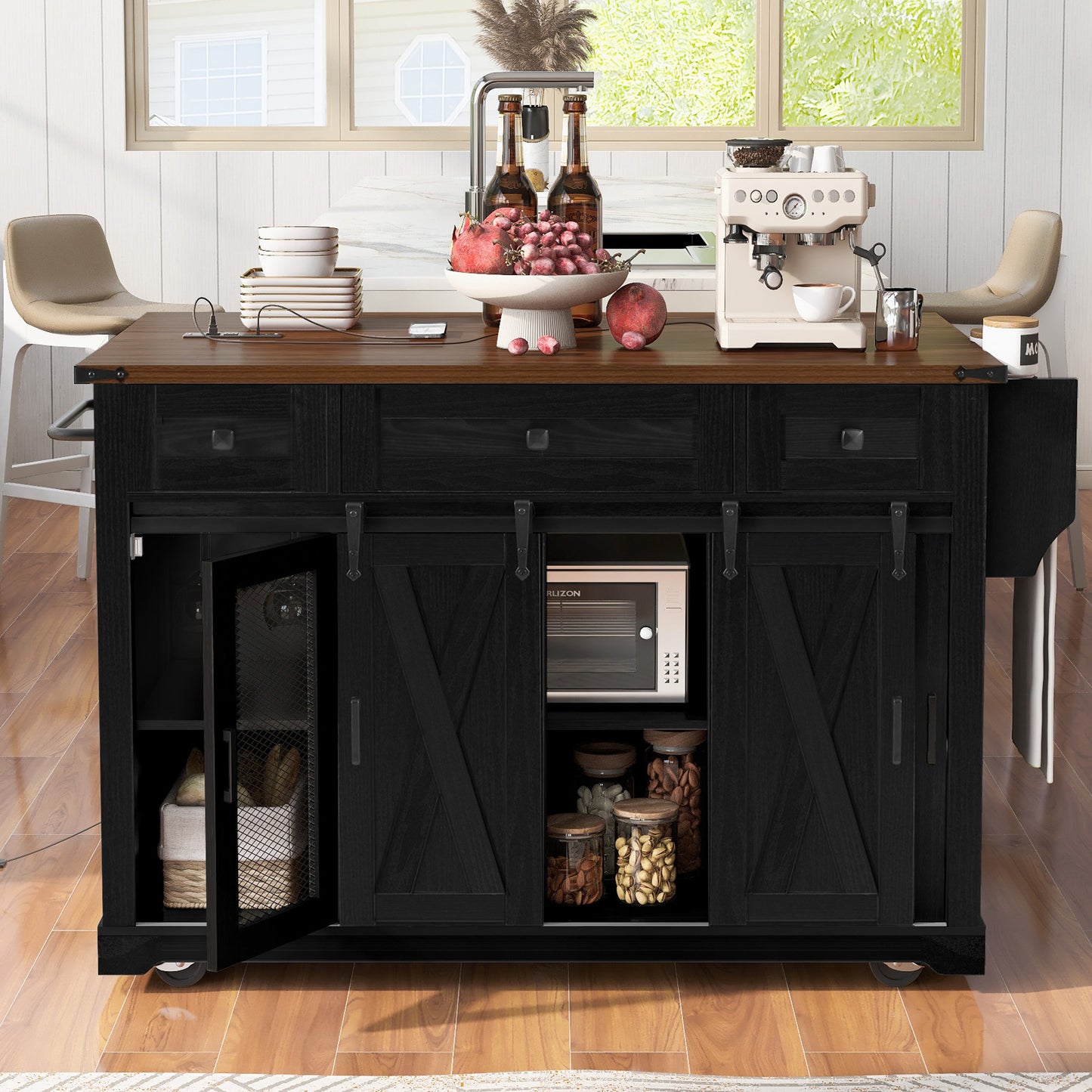 Farmhouse Kitchen Island with Storage & Rolling Wheels - Black