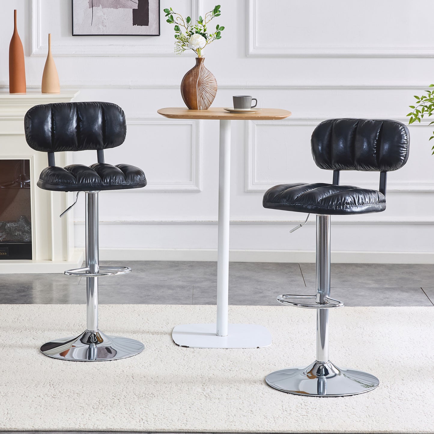 Set Of 2 Adjustable Height Bar Stools, Black PU Leather Upholstered