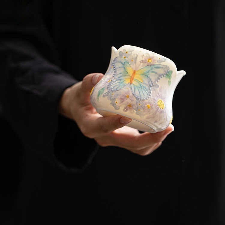 Hand-Painted Butterfly Ceramic Teacup - Under glaze Home Drinkware Corset Style