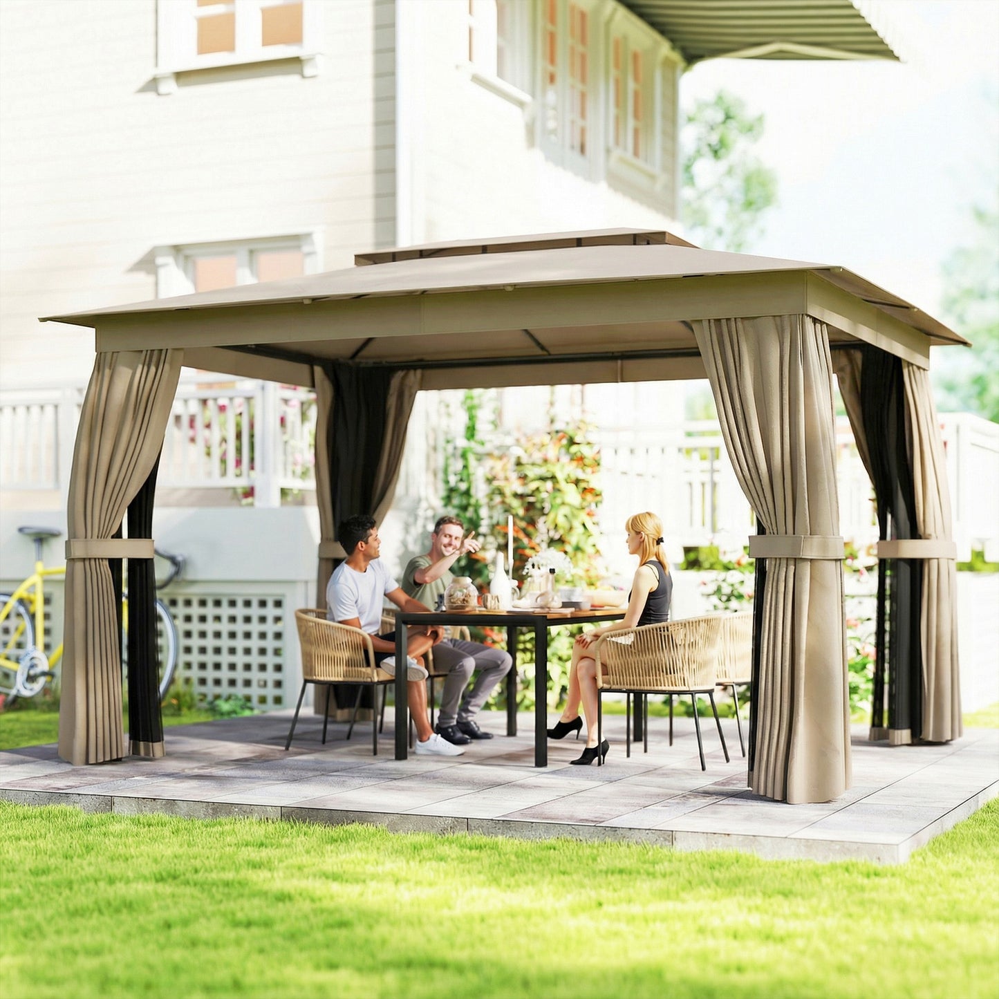 10x12 Outdoor Patio Gazebo with Curtains & Netting - Khaki