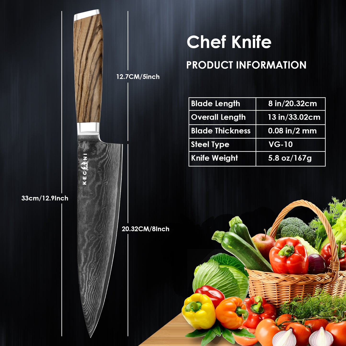 8-Inch Japanese Chef Knife - VG-10 Damascus Steel with Ergonomic Handle