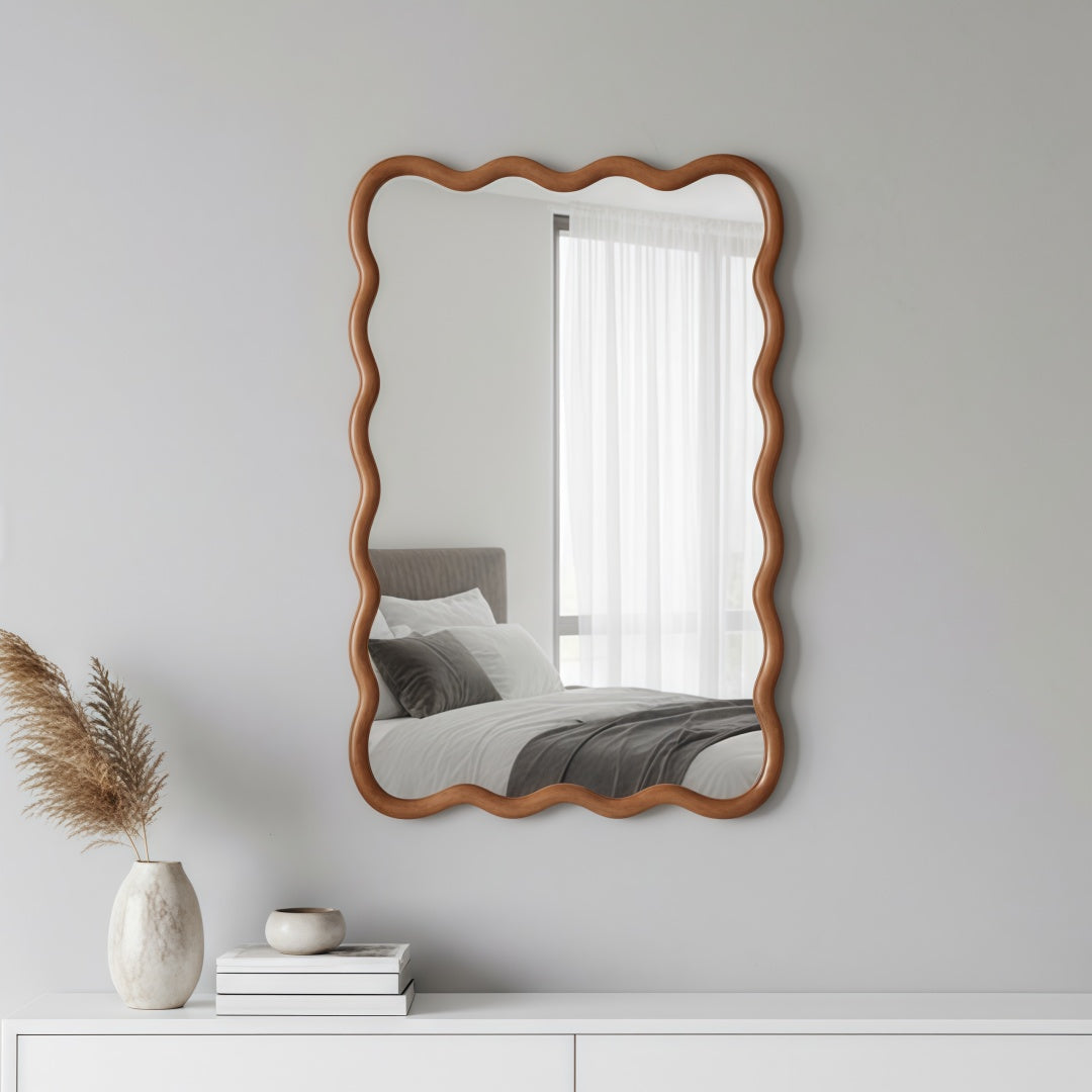 Wavy Rectangle Solid Wood Frame Decorative Mirror - Yellowish Brown 20x30