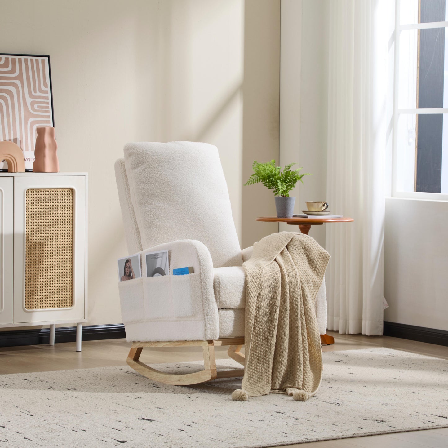 Upholstered Rocking Chair with Solid Wood Legs - White