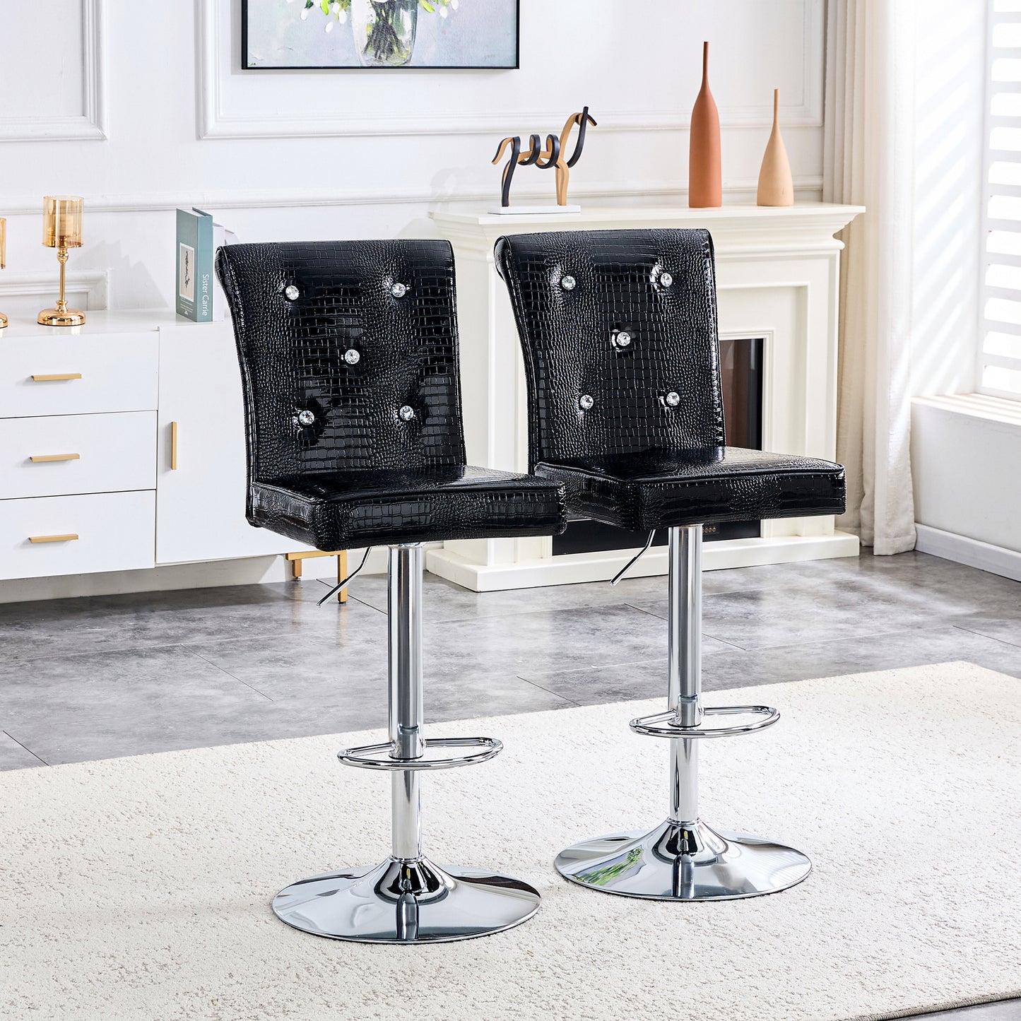 A Set Of 2 Black Vintage Crocodile Leather Lift Bar Chairs, Featuring