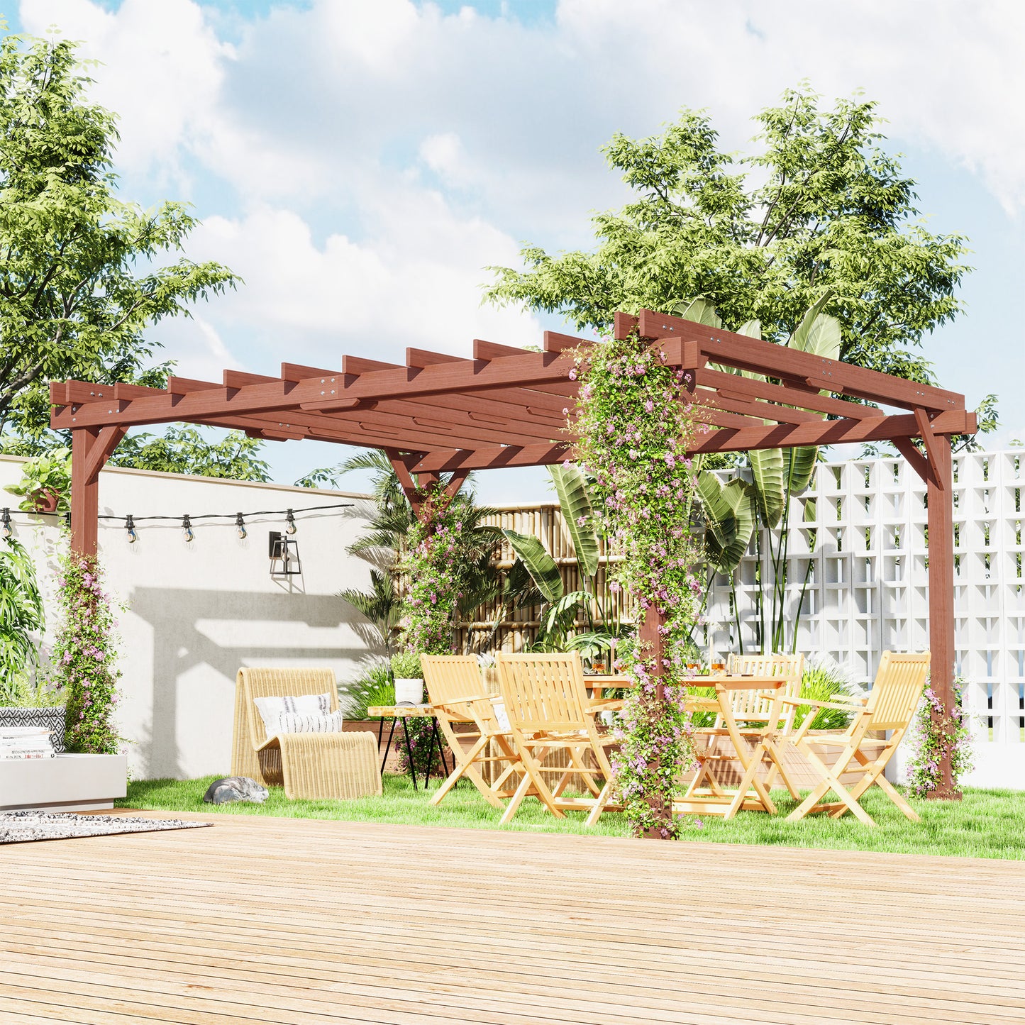 Outdoor Wood Pergola with Grape Trellis - Brown 11' x 12.5'
