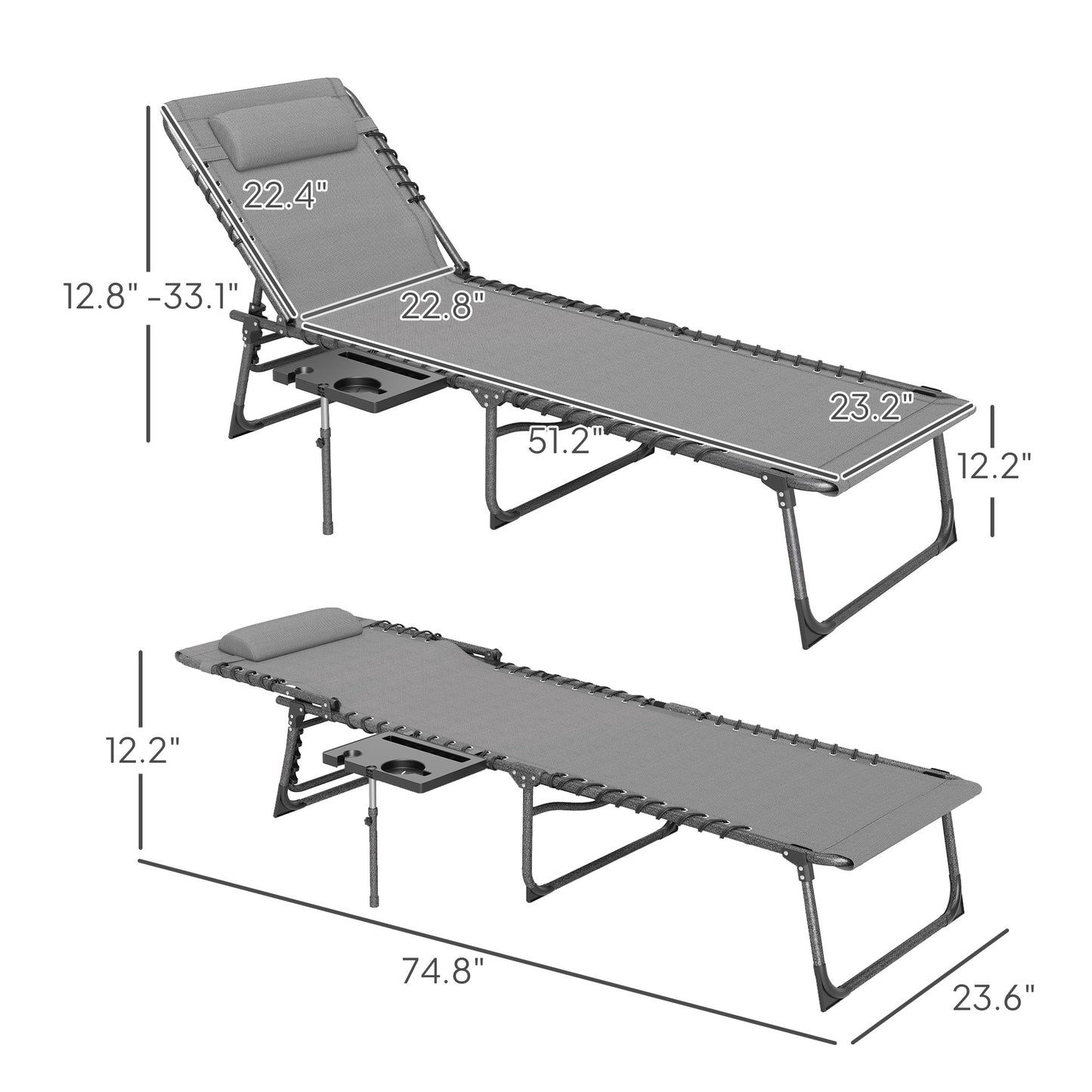 Folding Outdoor Chaise Lounge Chair with Adjustable Back & Side Table - Gray