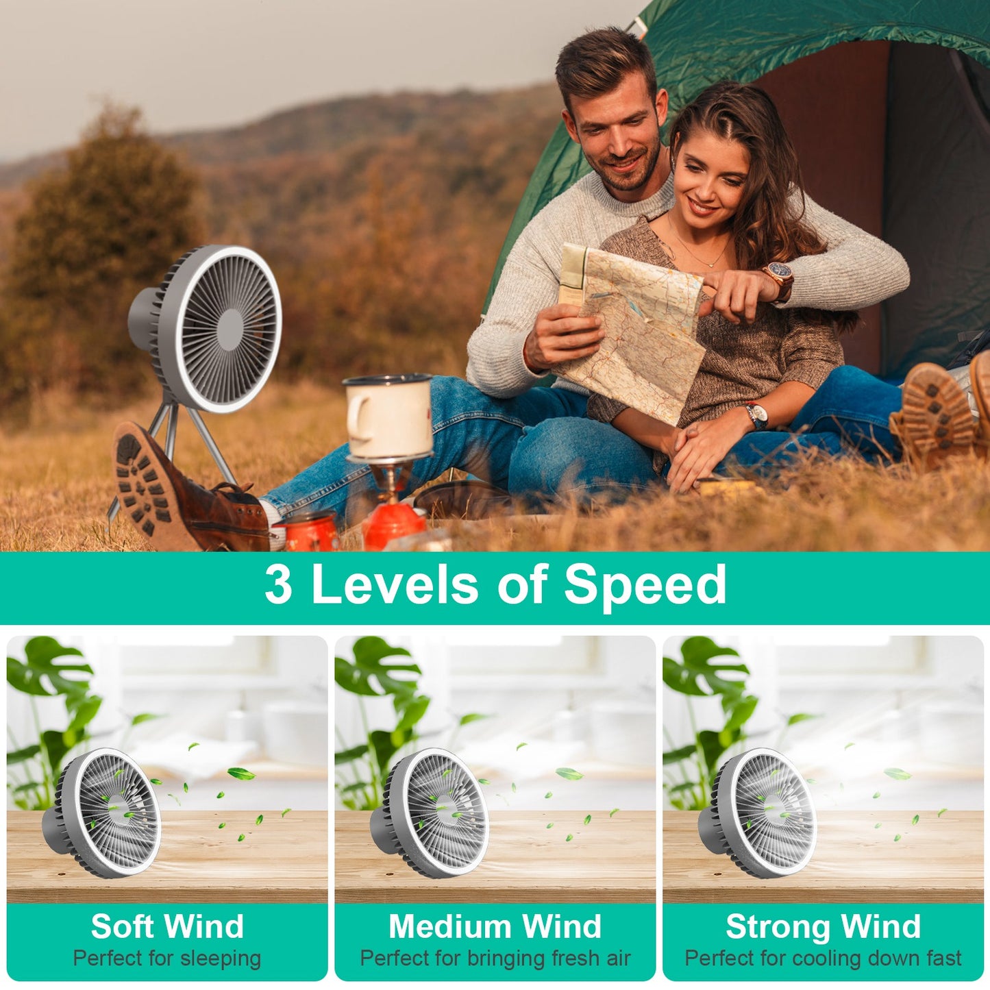 Portable Camping Fan with Lantern - 10000mAh Rechargeable Battery