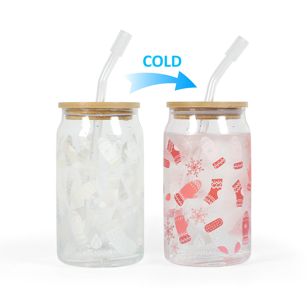 Color-Changing Glass Water Cup with Straw for Christmas Gift
