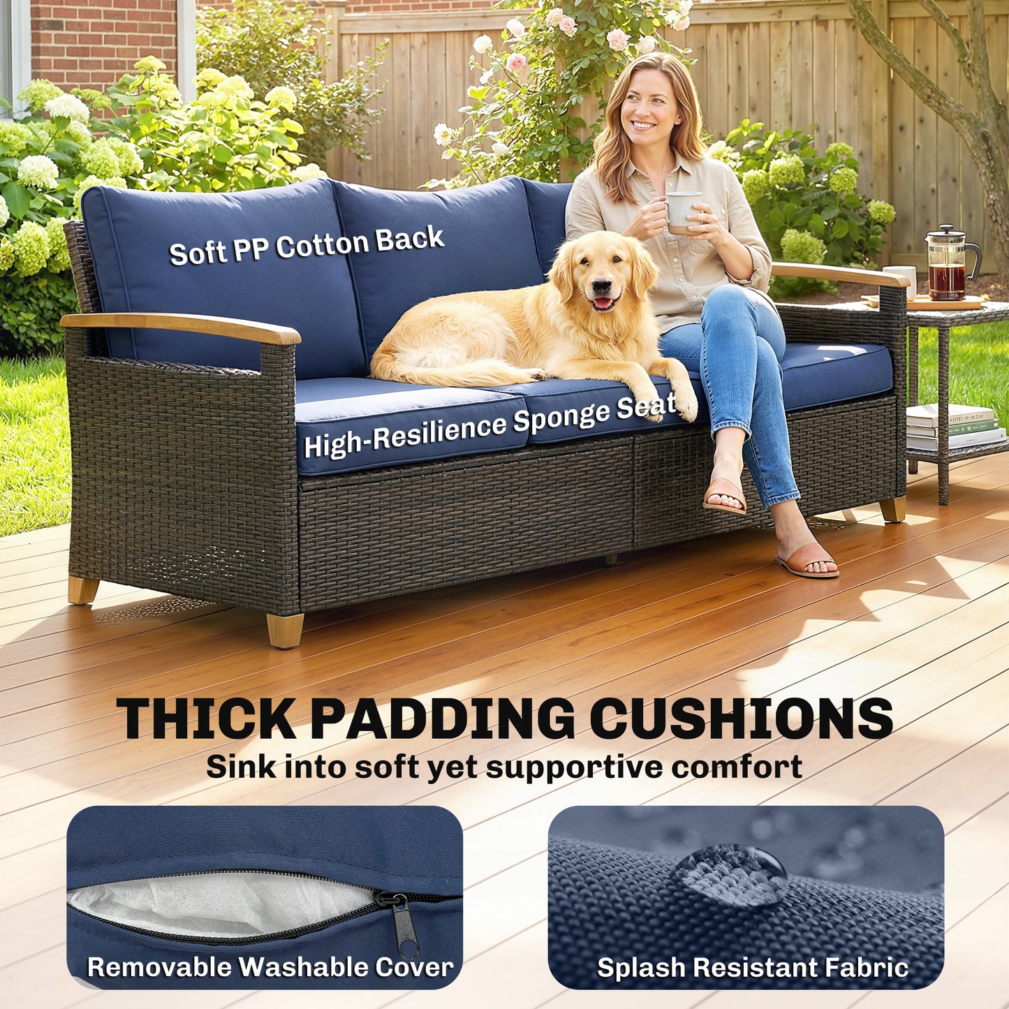 Outdoor 3-Seater Couch Sofa with Thick Cushions - Dark Blue