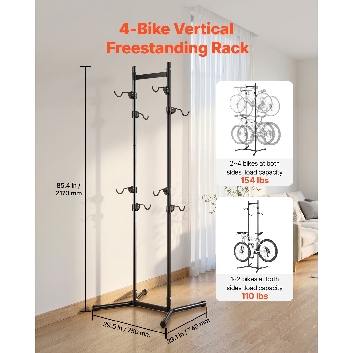 Heavy-Duty Bike Storage Rack for 4 Bikes - Freestanding Vertical Bicycle Stand with Adjustable Hooks, Steel Garage Floor Bike Rack