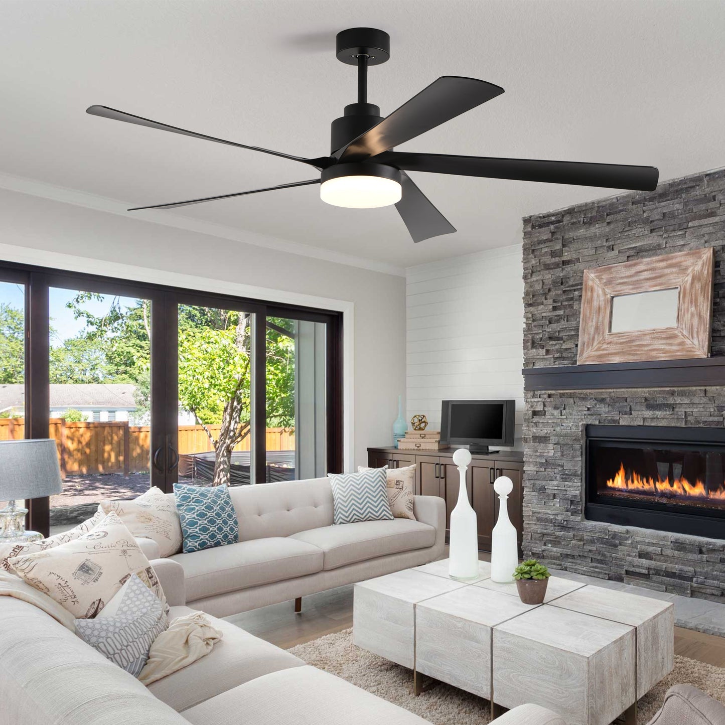 65 Inch Black Ceiling Fan with Dimmable LED Light & Remote Control