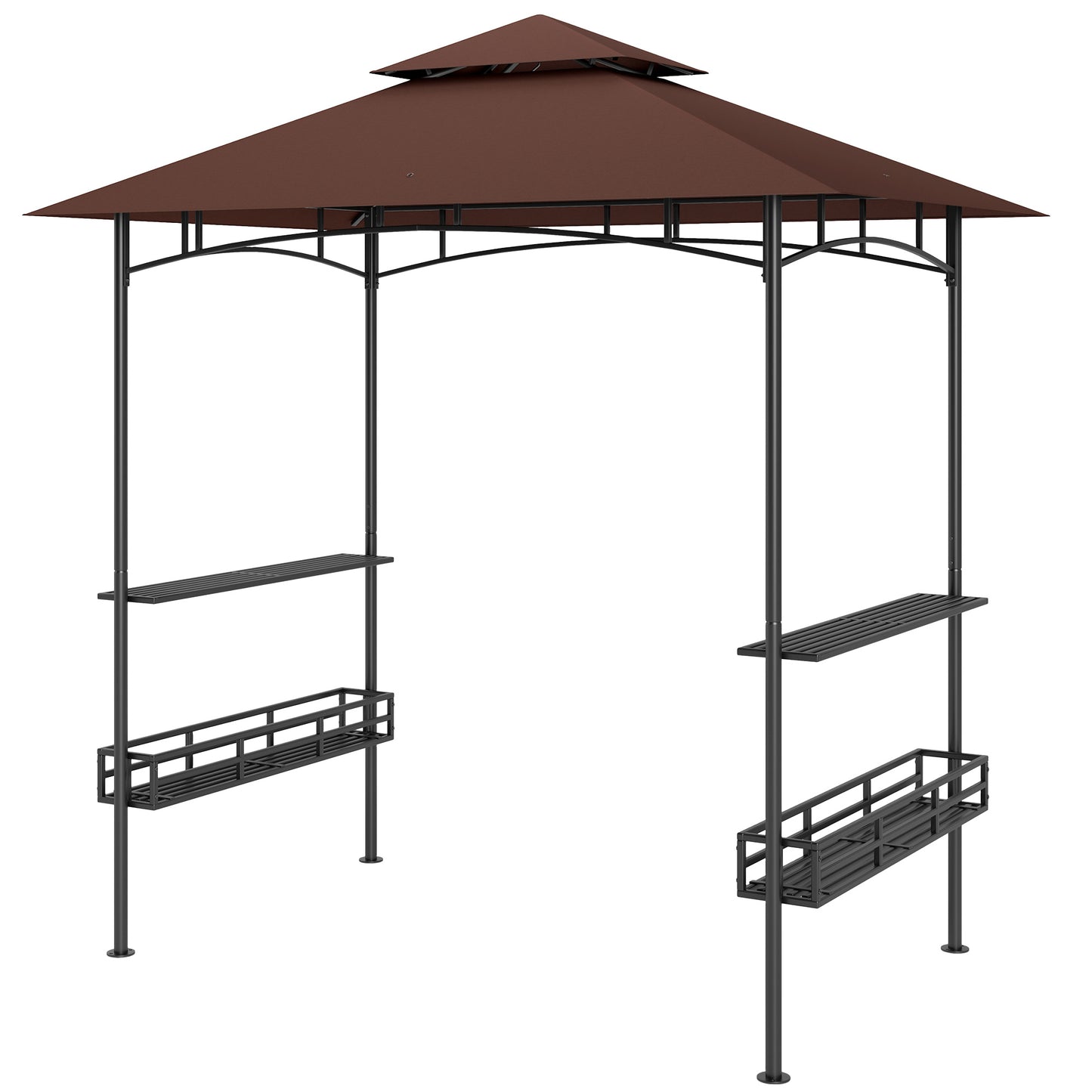 2-Tier BBQ Grill Gazebo with Side Shelves & Storage Baskets - Dark Brown