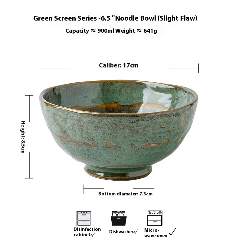Ceramic Noodle & Rice Bowl Set - Green Glaze Kiln, 5.5 & 6.5 Inch