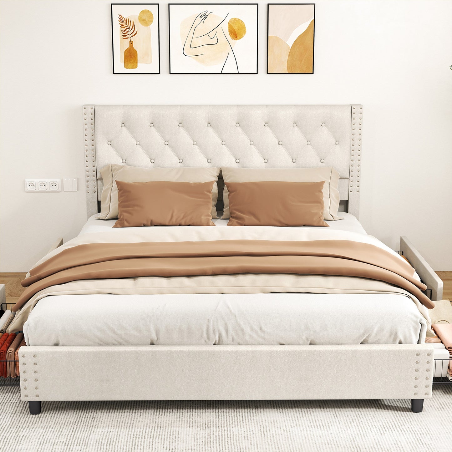 King Size Upholstered Bed Frame with Headboard & 4 Drawers