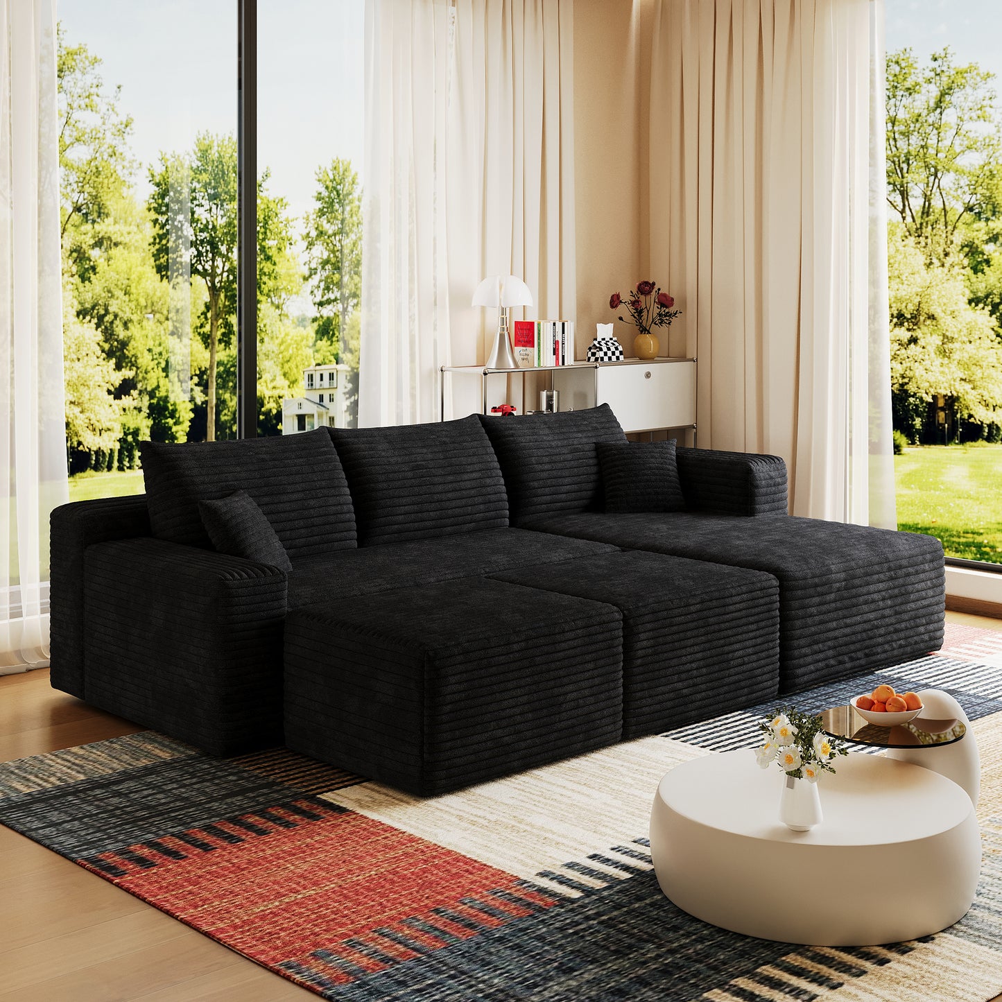 95" Cloud Sectional Sofa with 2 Ottomans - Black Corduroy