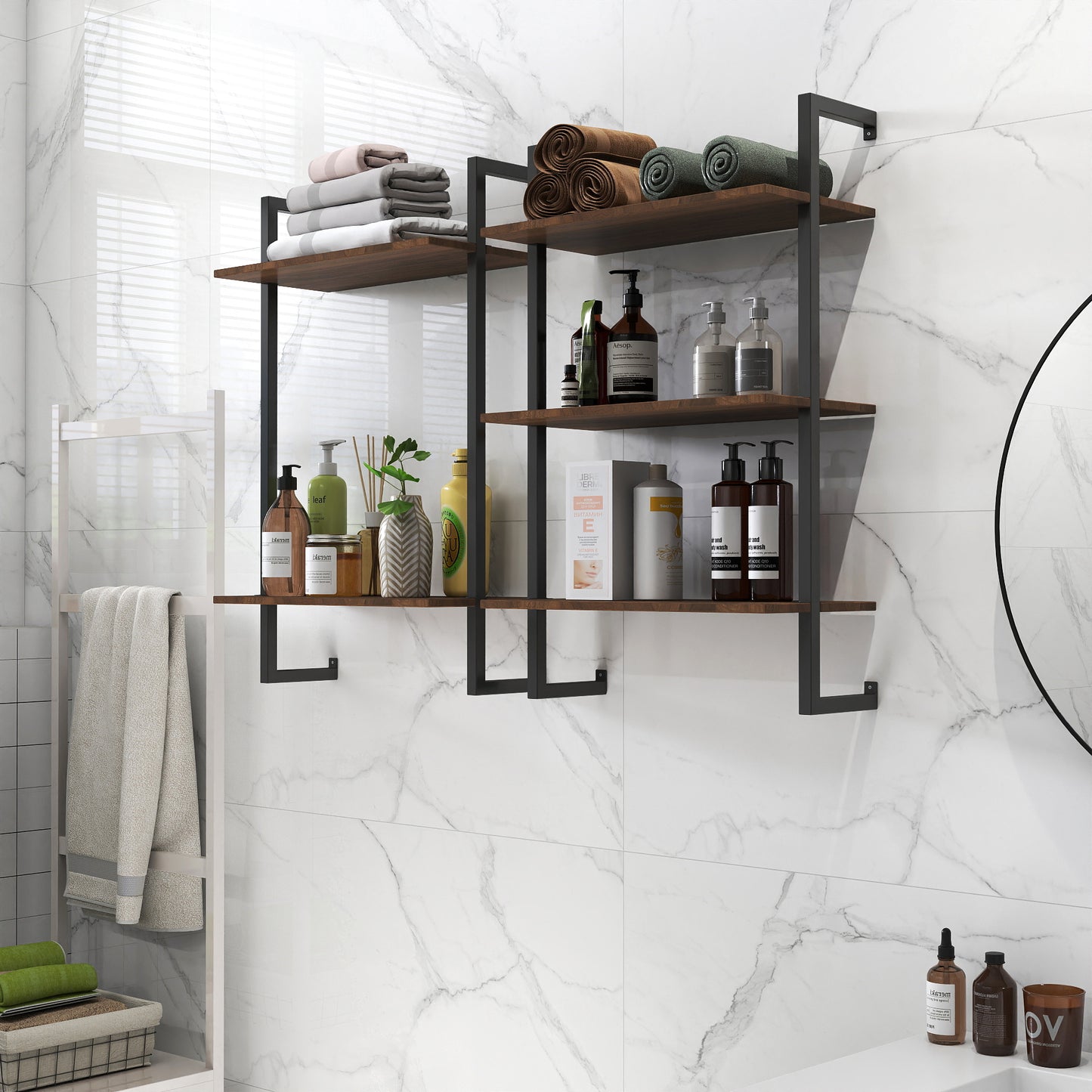 3-Tier & 2-Tier Metal and Wood Bathroom Shelf - Walnut