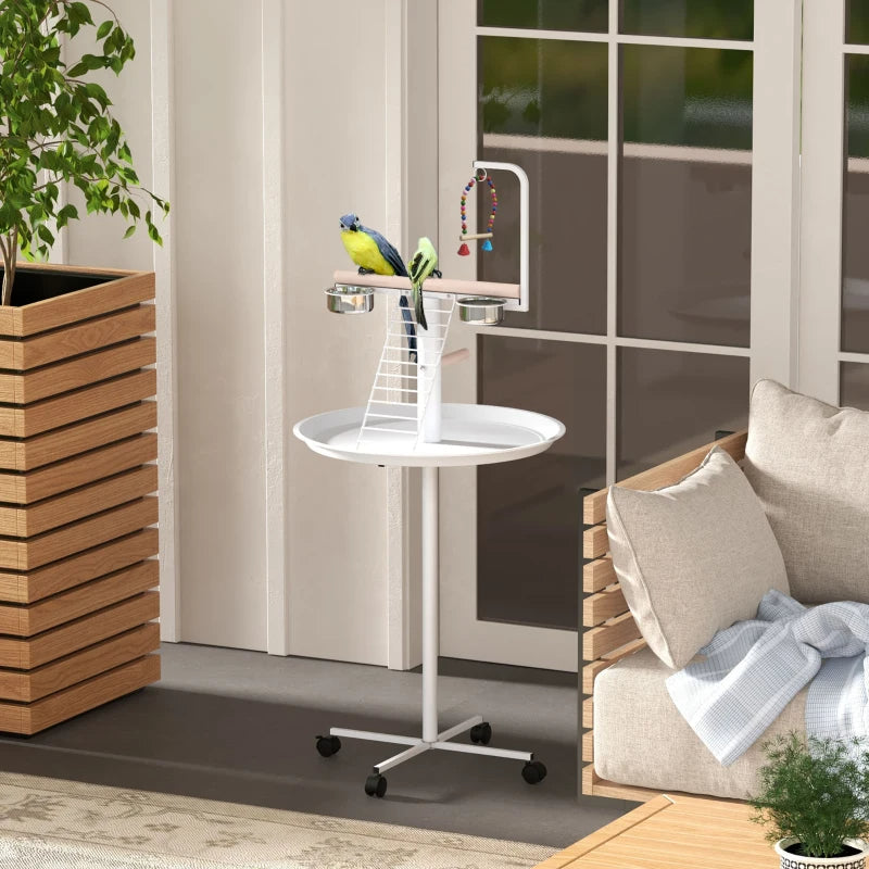 Bird Stand with Wheels and Feed Bowls for Parrots - Indoor Outdoor Perch