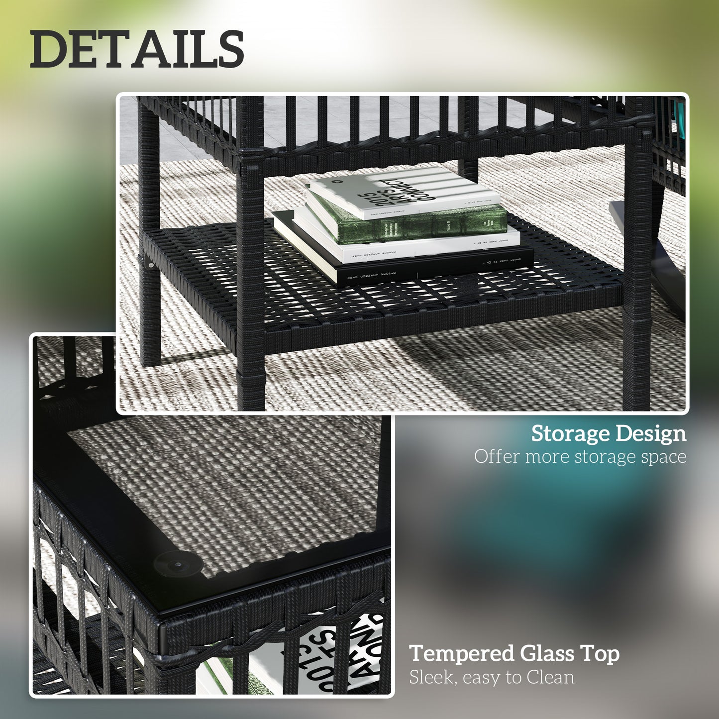 3-Piece Outdoor Rattan Rocking Chair Set with Glass Table - Turquoise
