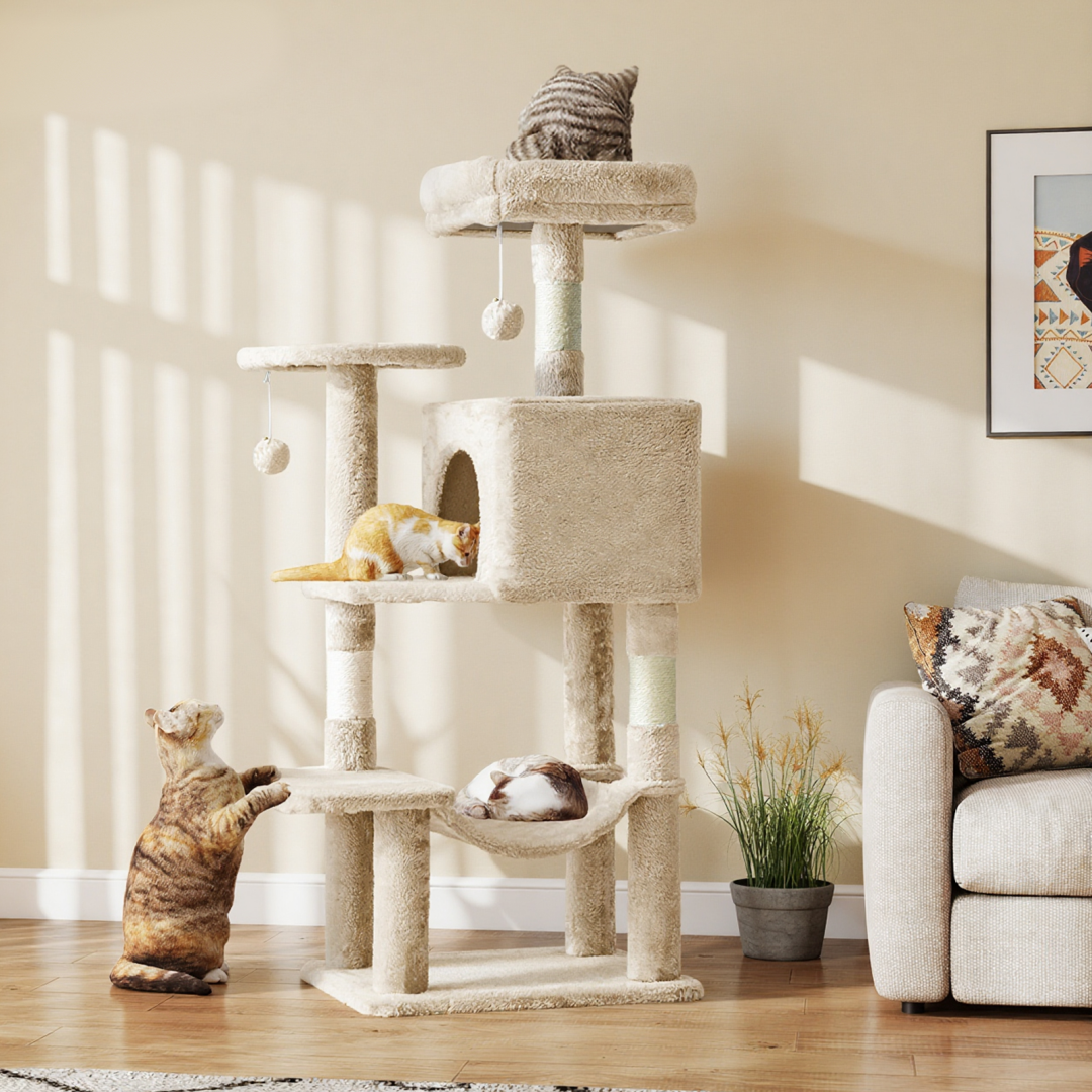 44-Inch Multi-Level Cat Tree Tower with Scratching Posts, Platforms & Hammock