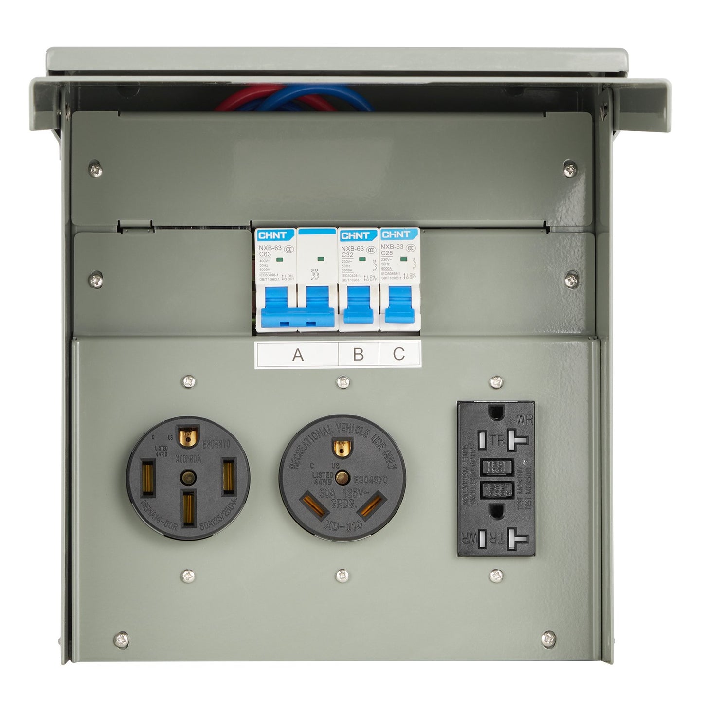 Temporary Power Outlet Panel for RV and Construction - 20/30/50 Amp Grey