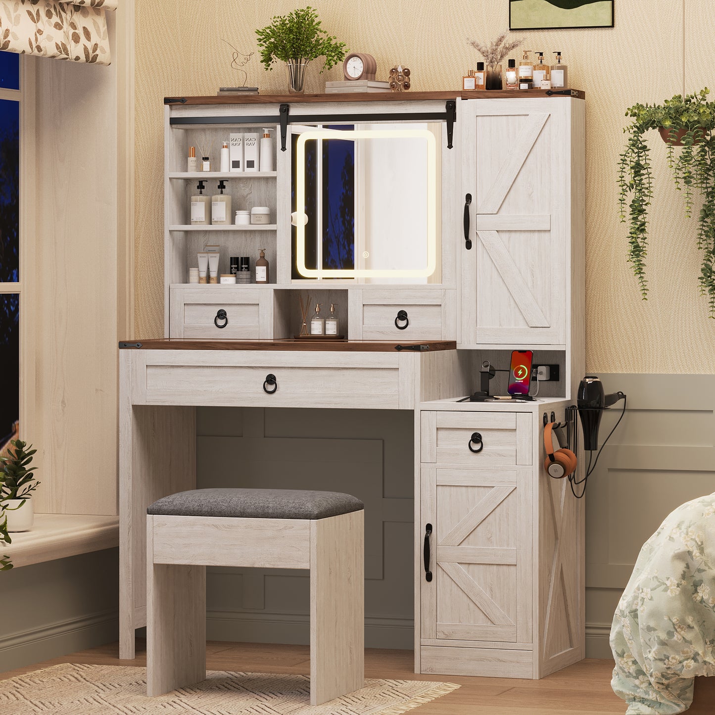 Farmhouse Vanity Desk With Sliding Mirror And Lights, Set Glass Top