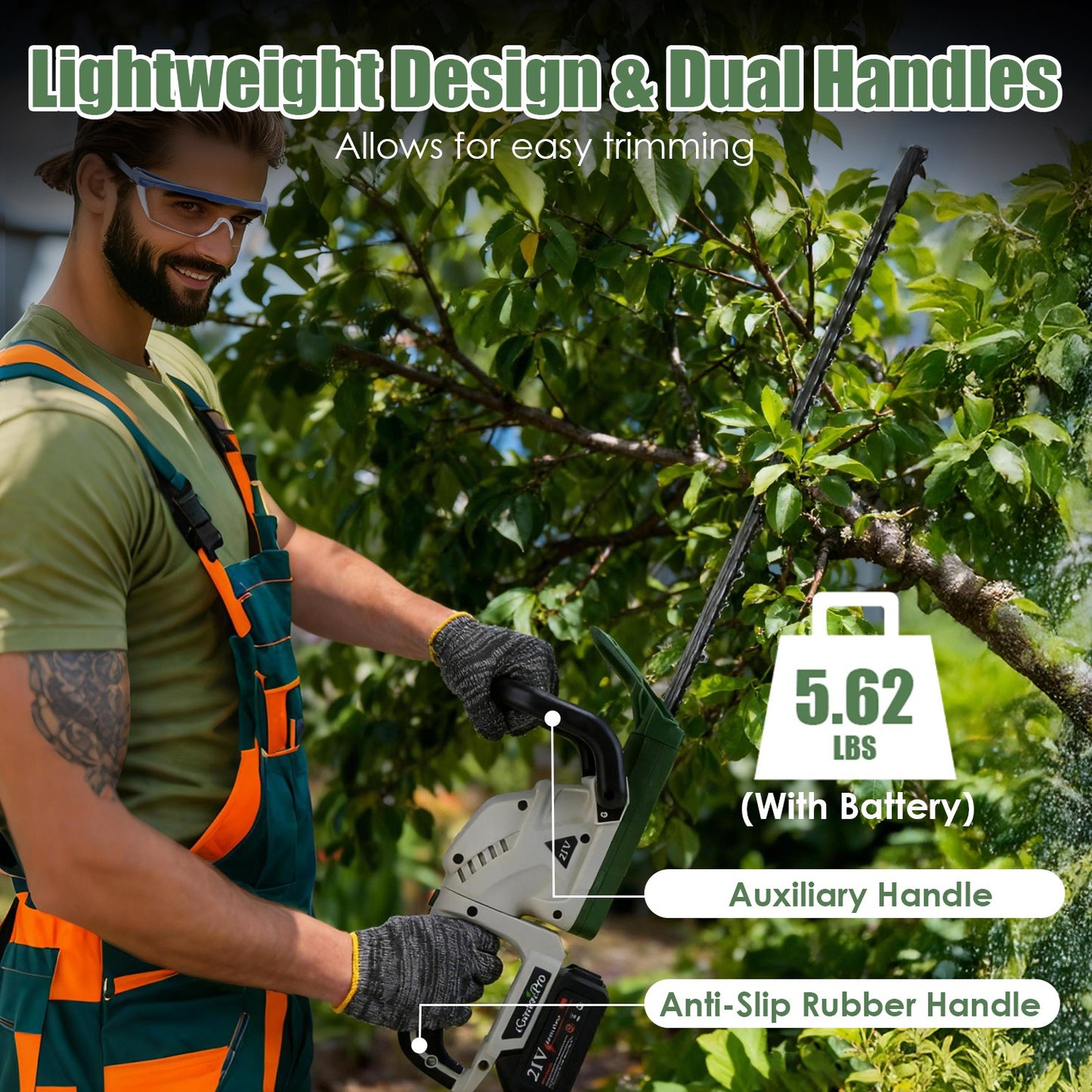 Cordless Hedge Trimmer 21V with Dual Action Blades & Adjustable Handle