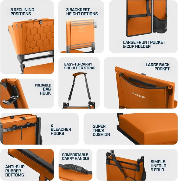 Folding Reclining Stadium Seat with Back Support - Orange