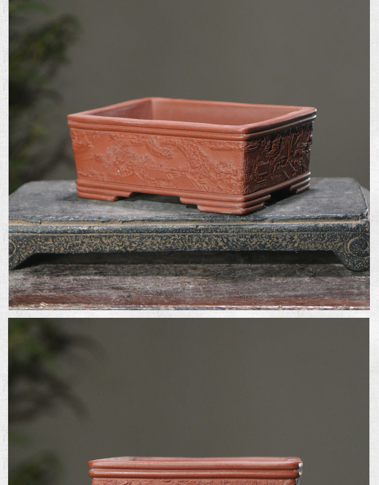 Rotating Rectangular Ceramic Flower Pot Set with Bamboo Basin - Classic Garden Decor