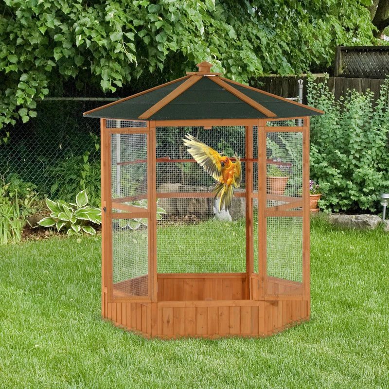 Wooden Hexagonal Outdoor Bird Cage with Covered Roof - Natural Brown