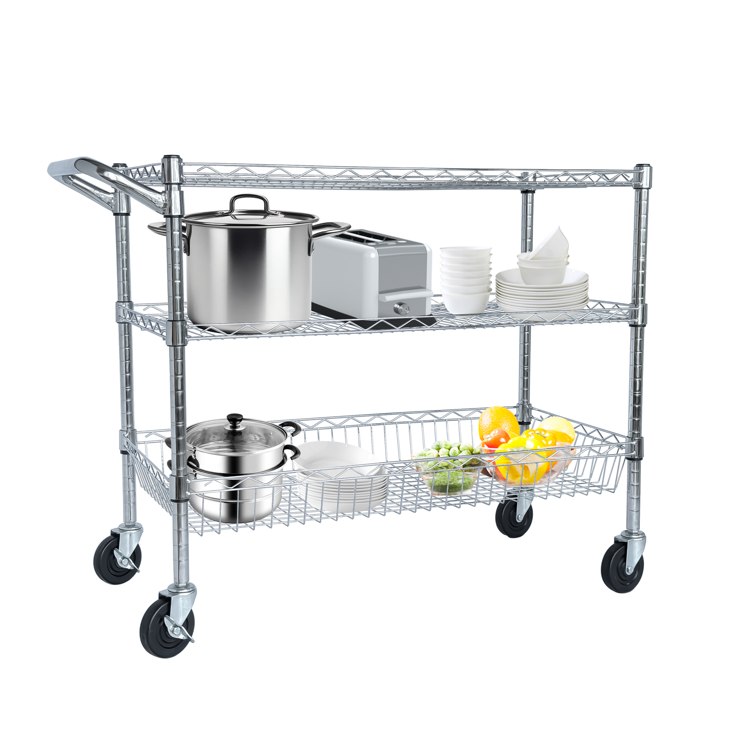 Heavy Duty 3-Tier Rolling Utility Cart with Handle and Shelves - Chrome