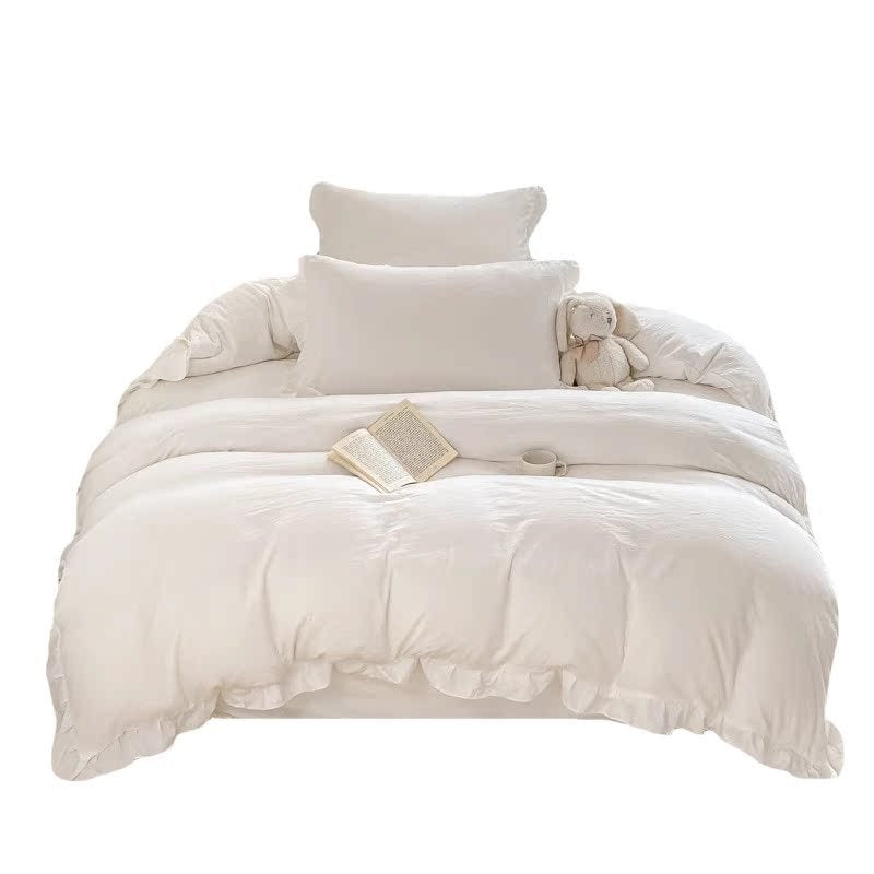 Instagram-Style White Bedding Set - Princess Water-Washed Cotton, 4-Piece Duvet Cover Set