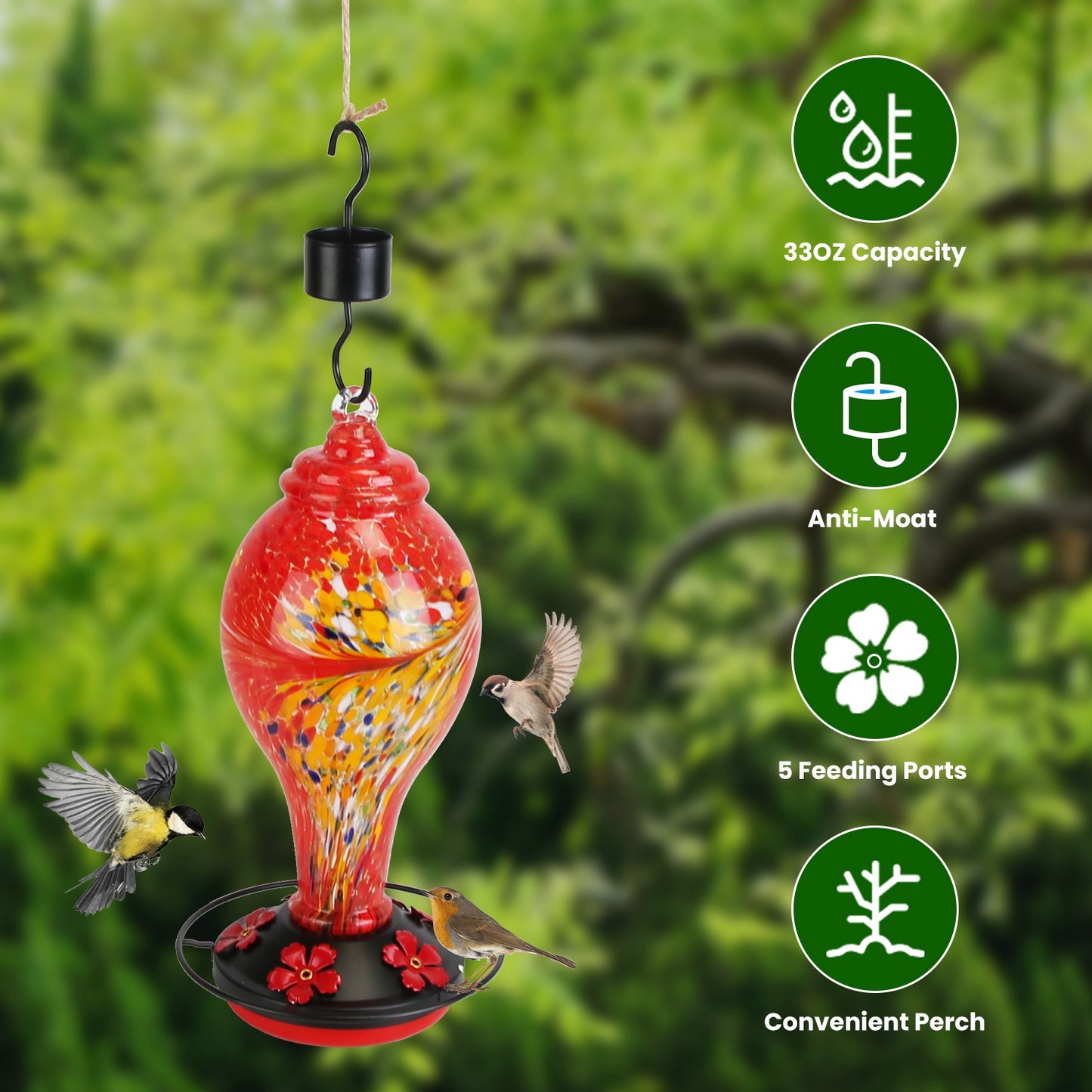 Glass Hummingbird Feeder 33OZ with 5 Flower Feeding Ports & Ant Moat - Garden Decor