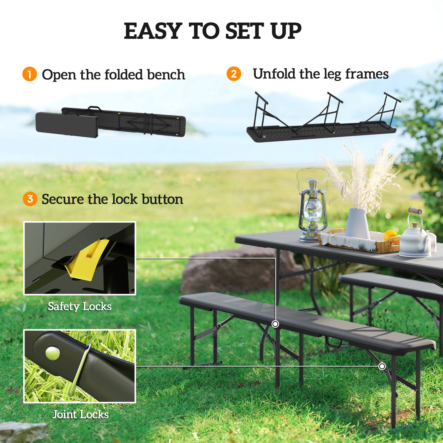 Portable Folding Camping Benches - Set of 2, 6 ft Black
