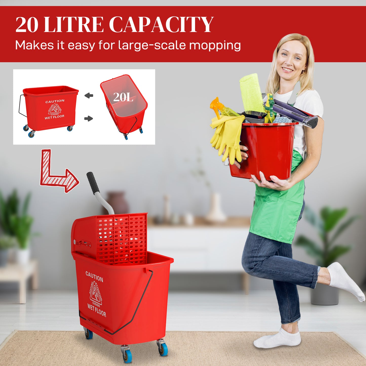 21 Quart Mop Bucket with Wringer on Wheels - Separate Clean & Dirty Water, Red