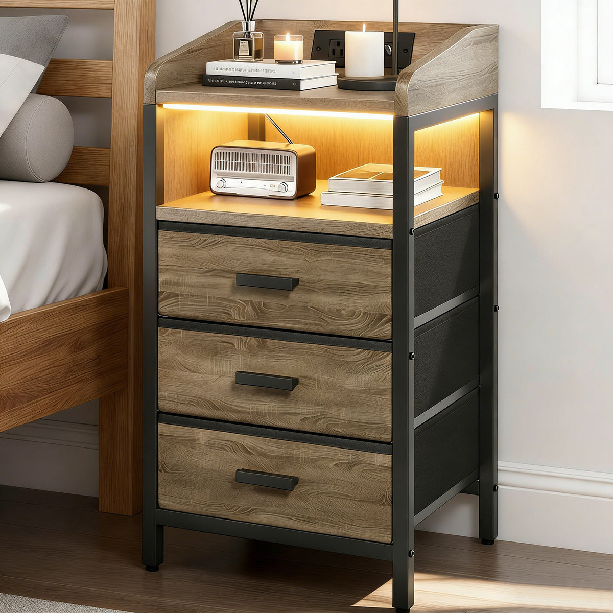 Nightstand with Charging Station and Fabric Drawers - Bedside End Table